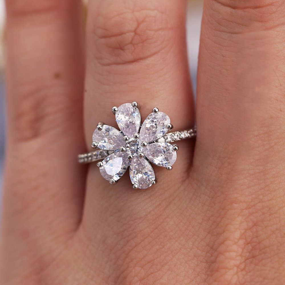 🎁925 Silver Plated White CZ Pear-shaped Flower Ring, GPMB1446-8 - Picture 5 of 10